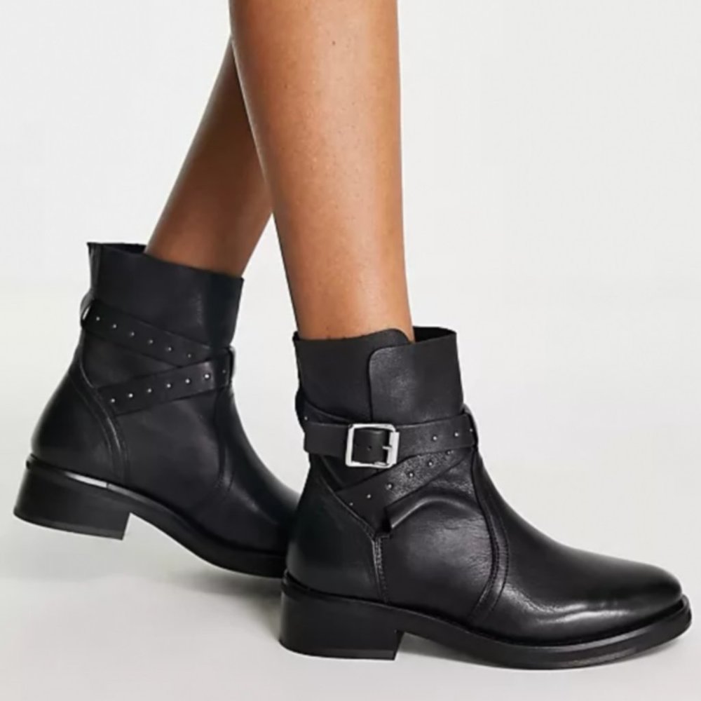 All Saints Carla Stud Strap Ankle Boots Black Leather Size 7 US 37 EU